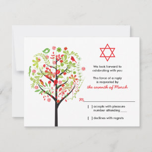 Tree of Life Red Green Bat Mitzvah UAWG Reply Card Einladung