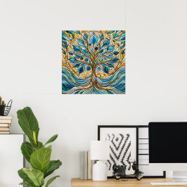 Tree of Life Shattered Glass Mosaic Aqua Blues Poster
