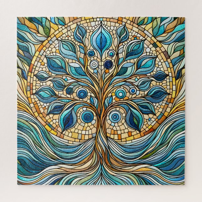 Tree of Life Shattered Glass Mosaic Aqua Blues  Puzzle (Vertikal)