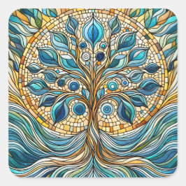 Tree of Life Shattered Glass Mosaic Aqua Blues Quadratischer Aufkleber