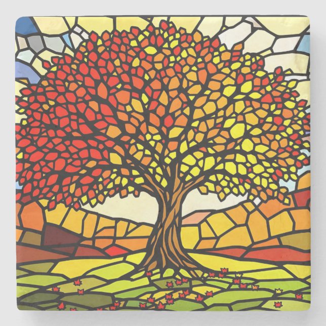 Tree of Life Shattered Glass Mosaic Autumn Colors  Steinuntersetzer (Vorderseite)