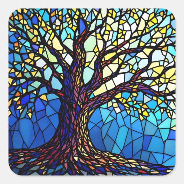 Tree of Life Shattered Glass Mosaic Quadratischer Aufkleber (Vorderseite)
