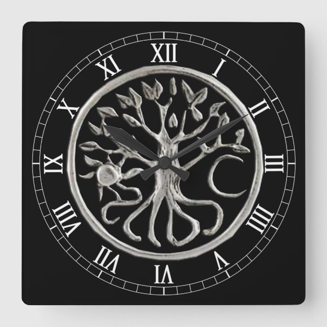 Tree Of Life Square Roman Numerals Clock Quadratische Wanduhr (Vorderseite)