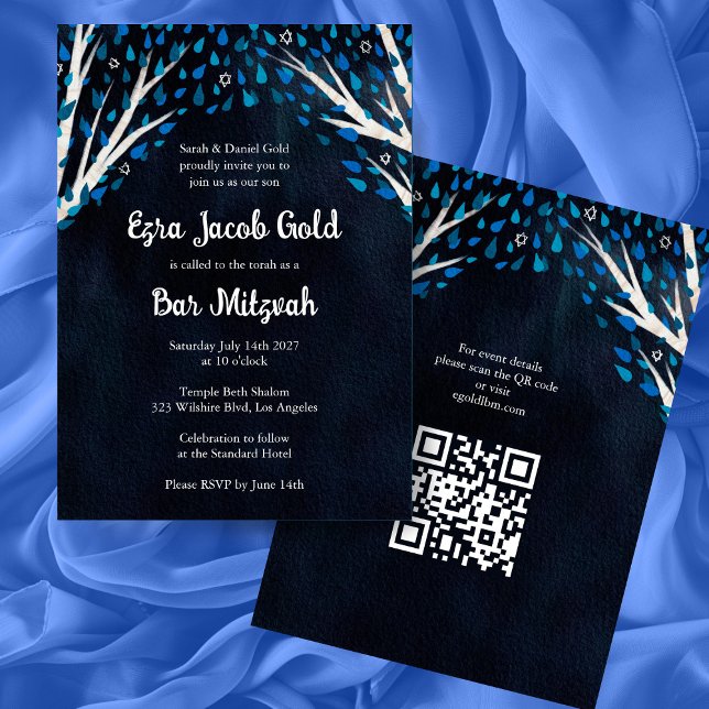 Tree of Life Stars Custom Bat Bar Mitzvah QR Code Einladung (Tree of Life Stars Custom Bat Bar Mitzvah QR Code Custom Modern Watercolor Invitation
)