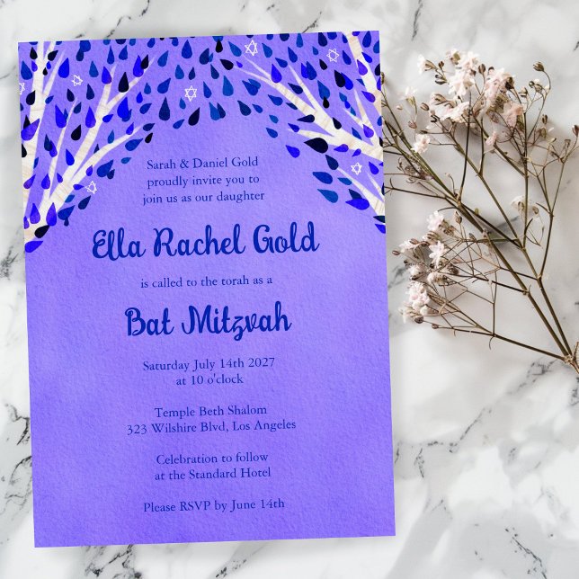 Tree of Life Stars Watercolor Bat Bar Mitzvah Einladung (Tree of Life Stars Watercolor Bat Bar Mitzvah Invitation Purple Girl Modern
)