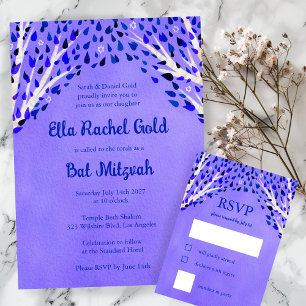 Tree of Life Stars Watercolor Bat Bar Mitzvah RSVP Karte