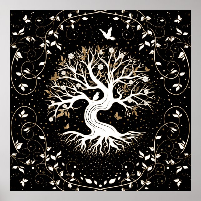Tree of Life - Yggdrasil - black white and gold Poster (Vorne)