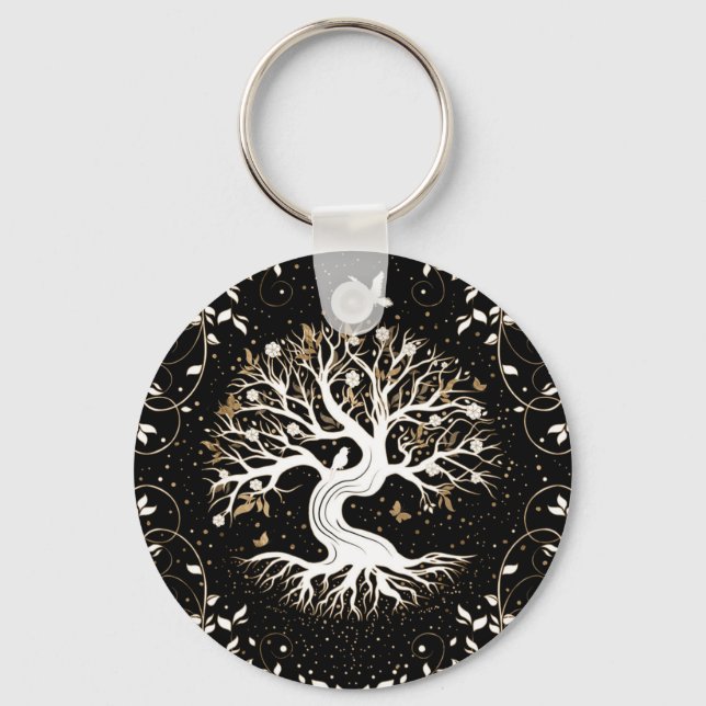 Tree of Life - Yggdrasil - black white and gold Schlüsselanhänger (Vorderseite)