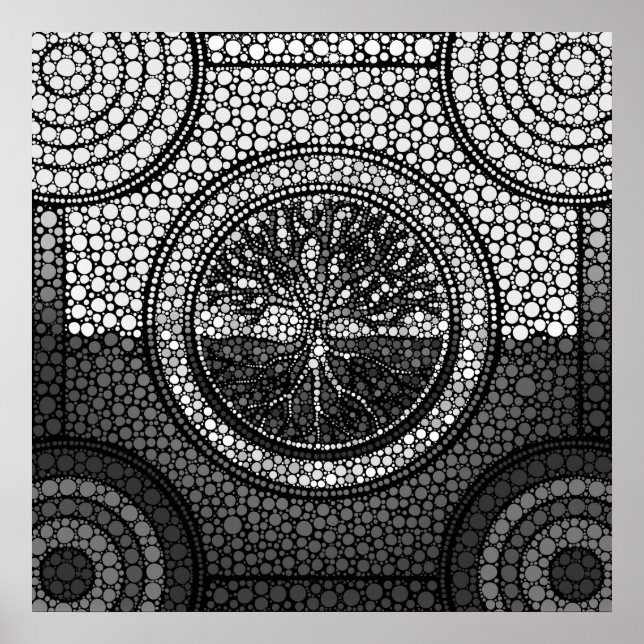 Tree of life - Yggdrasil - Dot Art Grayscale Poster (Vorne)