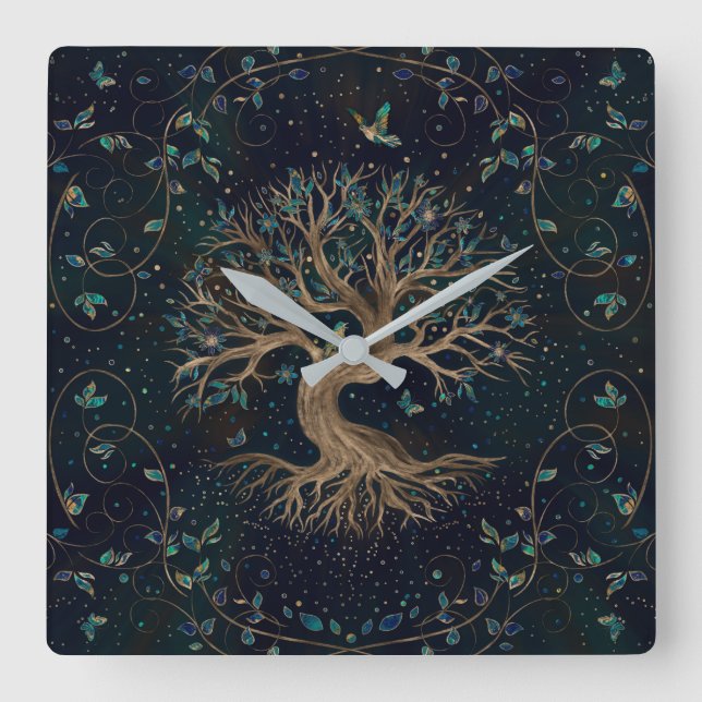 Tree of Life - Yggdrasil Quadratische Wanduhr (Vorderseite)