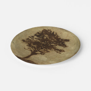 Tree-Silhouette über Bronze-Hintergrund Pappteller