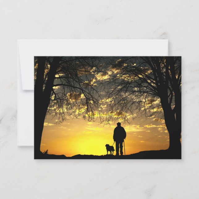 Tree Silhouette von Mann und Hund bei Sonnenunterg Dankeskarte (Vorderseite)