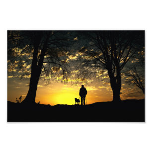 Tree Silhouette von Mann und Hund bei Sonnenunterg Fotodruck