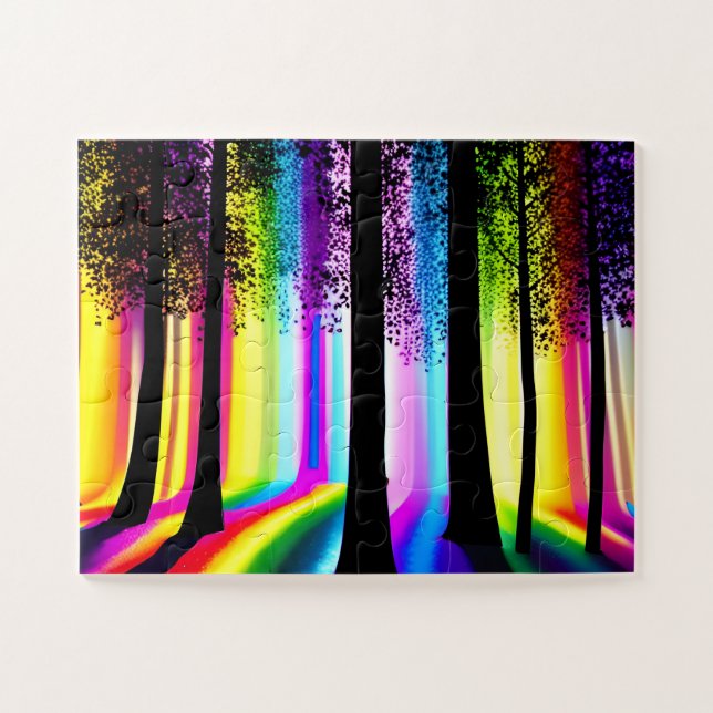 Tree-Silhouetten im verzauberten Regenbogenwald Puzzle (Horizontal)