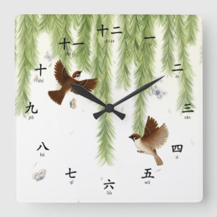 Tree Sparrows Chinese Numbers with Pinyin Phonetic Quadratische Wanduhr
