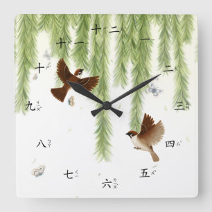 Tree Sparrows Chinese Numbers with Zhuyin Fuhao Sq Quadratische Wanduhr