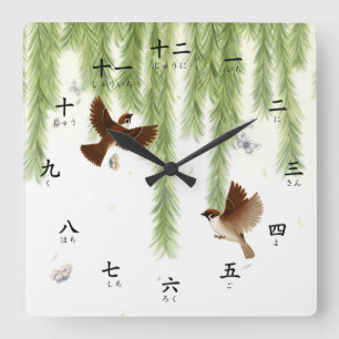 Tree Sparrows Kanji Zahlen mit Hiragana Square W Quadratische Wanduhr