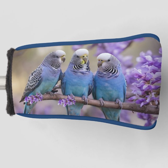 Tree Top Chatter: Blue Budgies in Jacaranda Tree, Golf Headcover (Vorderseite)