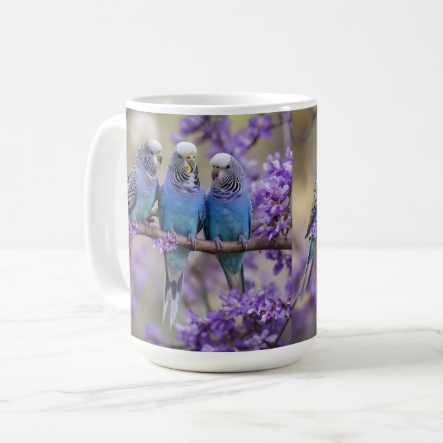 Tree Top Chatter: Blue Budgies in Jacaranda Tree, Kaffeetasse (Vorderseite Links)