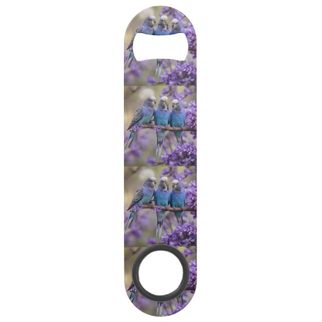 Tree Top Chatter: Blue Budgies in Jacaranda Tree, Speed Flaschenöffner (Vorderseite)