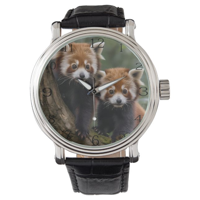 "Tree-top-Explorers: Baby Red Pandas mit Blick auf Armbanduhr (Vorderseite)