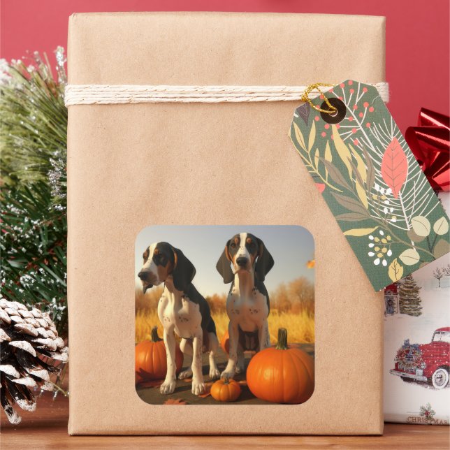 Tree Walker Coonhound Welpe Autumn Pumpkin Quadratischer Aufkleber (Feiertag)