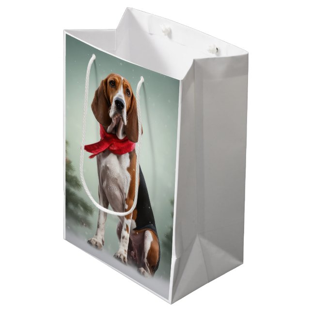 Treeing Walker Coonhound Hund in Schnee Weihnachte Mittlere Geschenktüte (Vorderseite Schrägansicht)
