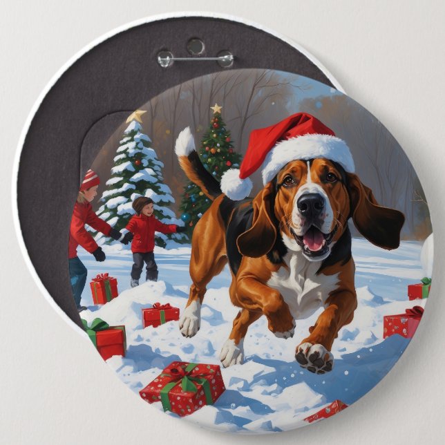 Treeing Walker Coonhound Schnee mit Weihnachtsmütz Button (Vorne & Hinten)