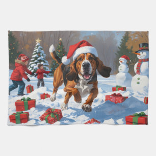 Treeing Walker Coonhound Schnee mit Weihnachtsmütz Geschirrtuch