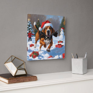 Treeing Walker Coonhound Schnee mit Weihnachtsmütz Quadratische Wanduhr