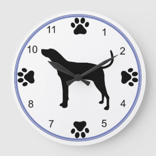 Treeing Walker Coonhound-Silhouette mit Pawprints Große Wanduhr