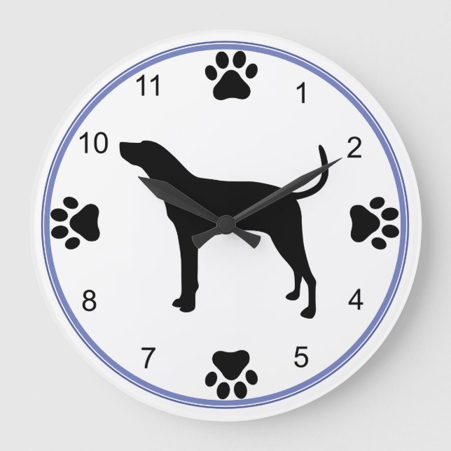 Treeing Walker Coonhound-Silhouette mit Pawprints Große Wanduhr (Vorderseite)