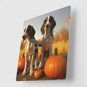 Treeing Walker Coonhound Welpe Herbst Kürbis Quadratische Wanduhr