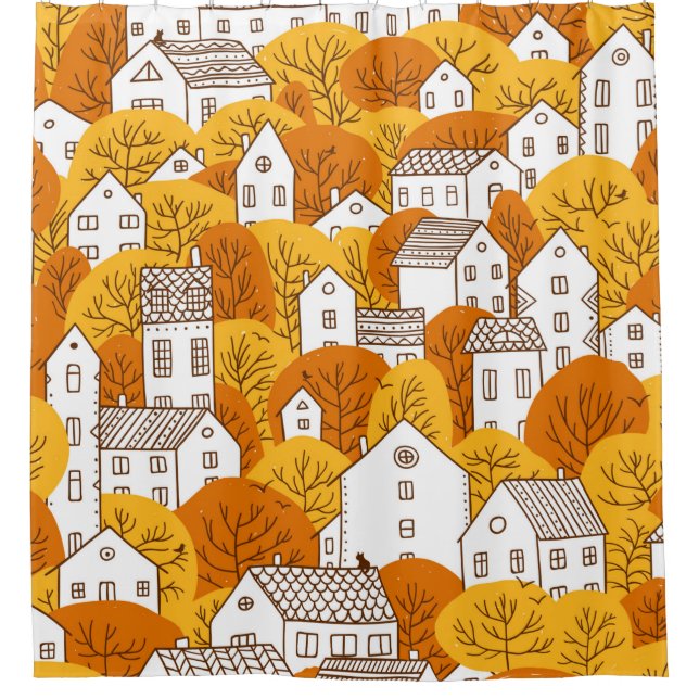 Trees and houses seamless pattern. Autumn, fall ci Duschvorhang (Vorderseite)