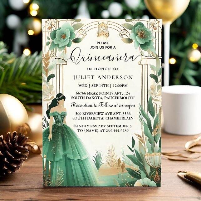 Trees Gold Mint Glam Emerald Green Quinceanera Einladung (Von Creator hochgeladen)