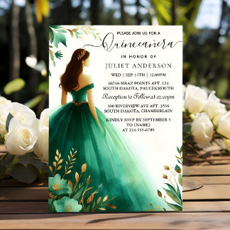 Trees Gold Mint Glam Emerald Green Quinceanera erh Einladung