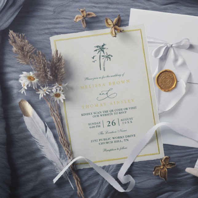 Trees Palm Coastal Drift Beach QR Code Wedding Einladung (Von Creator hochgeladen)