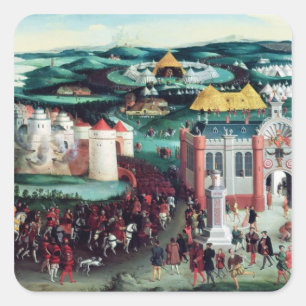 Treffen auf dem Feld des Tuchs aus Gold Quadratischer Aufkleber