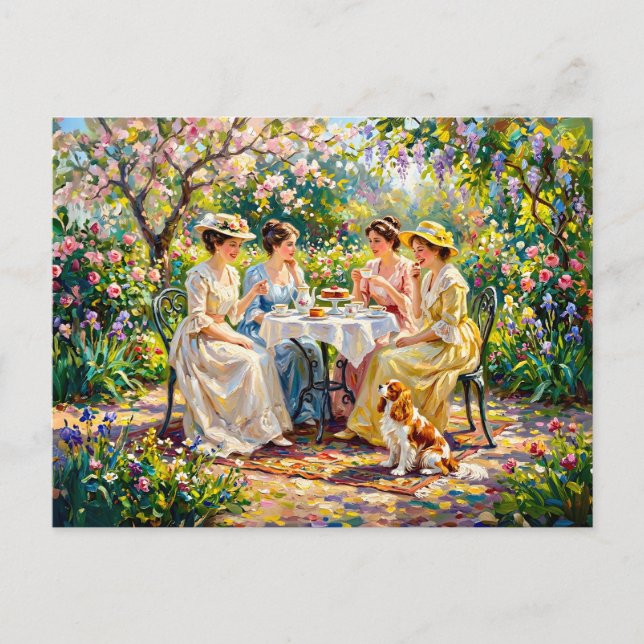 Treffen der Damen im Garten mit Cavalier Spaniel Postkarte (Vorderseite)