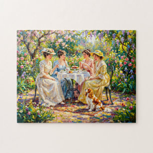 Treffen der Damen im Garten mit Cavalier Spaniel Puzzle