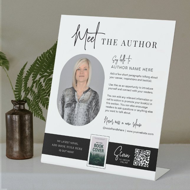 Treffen Sie das Marketing zum Buchen von Autor-Fot Sockelschild (Modern Meet the Author pedestal sign design with fully editable text, images & colors)