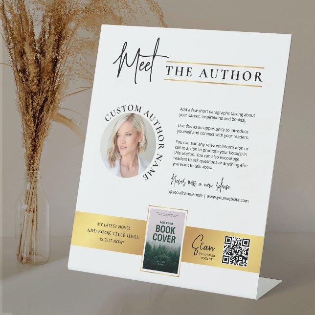 Treffen Sie den Autor Foto Book Signature Imitats  Sockelschild (Modern white and gold Meet The Author table top sign design with your custom photos and text)
