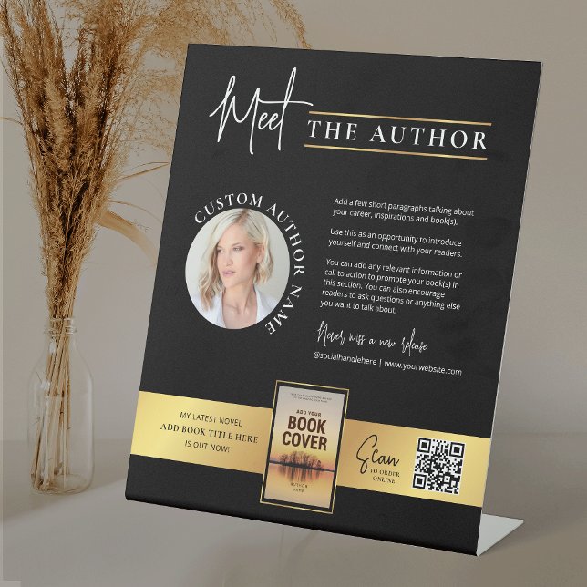 Treffen Sie den Autor Foto Book Signature Imitats  Sockelschild (Modern black and gold meet the author table sign design with your custom photos and text)