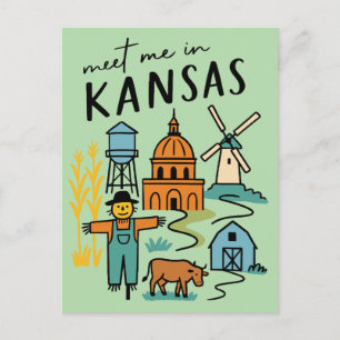 Treffen Sie mich in Kansas Vintage-Prärie-Staatsfa Postkarte