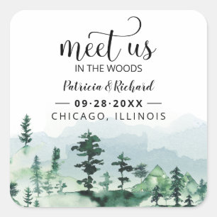 Treffen Sie uns im Wald Outdoor-Hochzeit Save The  Quadratischer Aufkleber