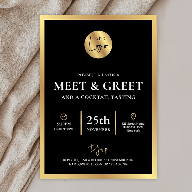 Treffen und Greet-Event für Schwarz und Gold-Logos Einladung (Black and gold business meet & greet event invitation with fully editable text & space for your logo)