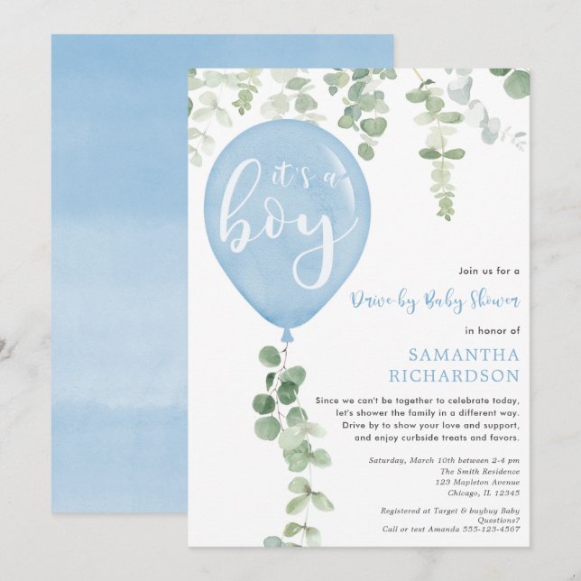 Treibender Baby-Dusche blauer Ballon Eukalyptus Einladung (Vorne/Hinten)