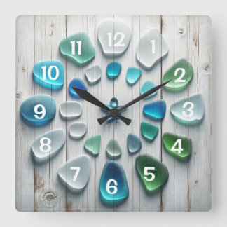 Treibholz und Meerglas Quadratische Wanduhr