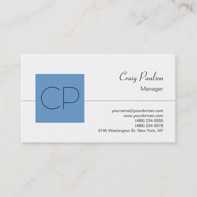 Trend Blue Strip Monogram White Business Card Visitenkarte (Vorderseite)