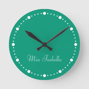 Trend Color Jade Green White Dots Name Round Clock Runde Wanduhr